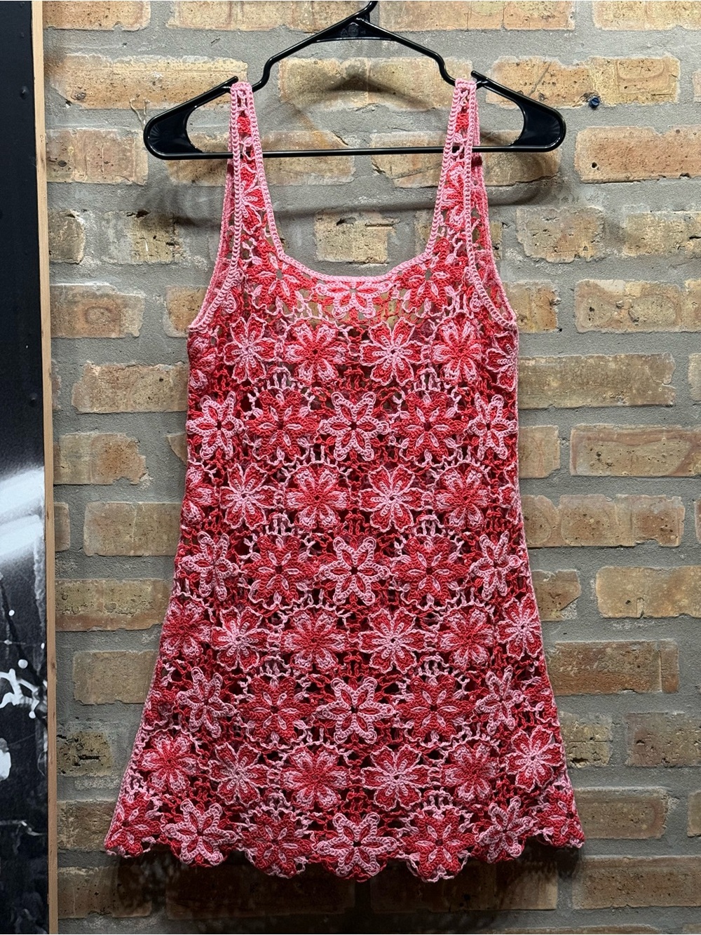 Zara Pink and Red Crochet Floral Mini Dress